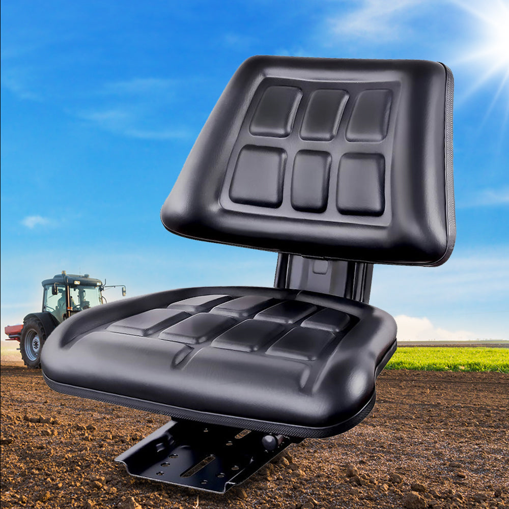 Giantz PU Leather Tractor Seat with Sliding Track in black, featuring thick padding and adjustable sliding track for comfort and support.